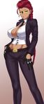  belt between_breasts braid breasts cleavage covered_nipples crimson_viper dark_skin earrings gloves highres huge_breasts jewelry long_hair mature navel necktie necktie_between_breasts red_hair solo st.germain-sal street_fighter street_fighter_iv_(series) sunglasses 