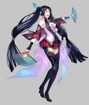  bad_id bad_pixiv_id bare_shoulders black_gloves black_hair black_legwear boots bustier dual_wielding fan fingerless_gloves folding_fan full_body gloves grey_background hair_ornament hair_tubes headphones high_heels highres holding jewelry lace lace-trimmed_skirt legs long_hair long_legs microphone open_mouth orange_eyes original patterned ryuuzaki_ichi shoes simple_background skirt smile solo thigh_boots thighhighs thighs twintails very_long_hair 