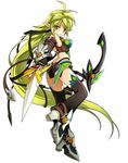  antenna_hair ass bare_shoulders blonde_hair bow_(weapon) breasts dagger elf elsword fingerless_gloves gloves green_eyes long_hair medium_breasts official_art pointy_ears rena_(elsword) simple_background smile solo trapping_ranger_(elsword) very_long_hair weapon white_background 