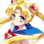  bishoujo_senshi_sailor_moon blonde_hair blue_sailor_collar bow choker closed_mouth double_bun face green_eyes heart heart_choker highres kurabayashi long_hair looking_at_viewer magical_girl red_bow sailor_collar sailor_moon sailor_senshi_uniform simple_background smile solo super_sailor_moon tiara tsukino_usagi twintails white_background 