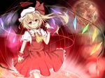  arm_up ascot blonde_hair blood blood_on_face fang flandre_scarlet hat hat_ribbon highres laevatein miy@ red_eyes ribbon shirt side_ponytail skirt skirt_set solo touhou vest wings wrist_cuffs 