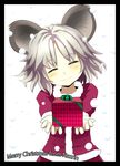  animal_ears blush closed_eyes gift grey_hair head_tilt highres holding holding_gift incoming_gift ishikkoro looking_at_viewer mouse_ears nazrin outstretched_arms short_hair smile snowing solo touhou 