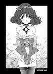  aku_(dejigiga) alternate_costume bare_shoulders bow breasts choker cleavage dress greyscale hairband large_breasts leaf leaf_on_head mirror monochrome short_hair skirt skirt_tug solo thighhighs touhou yasaka_kanako 