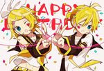  1girl 4_(nakajima4423) blonde_hair blue_eyes brother_and_sister hair_ornament hair_ribbon hairclip happy_birthday headphones kagamine_len kagamine_rin one_eye_closed open_mouth ribbon short_hair siblings twins v vocaloid 