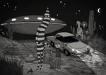  alien animal barefoot cactus car cat desert glowing glowing_eyes handshake male male_focus monochrome moon motor_vehicle night original outdoors scorpion skull star striped ua2g uetsuji_shotaro_(ua2g) ufo vehicle 