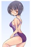  bad_id bad_pixiv_id black_hair brown_eyes competition_swimsuit glasses highres looking_back nasu800 one-piece_swimsuit original short_hair solo swimsuit wet 