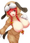  :d animal_costume animal_ears between_breasts black_eyes bow braid breasts breasts_outside costume dog_ears green_eyes hair_between_breasts hair_bow hair_over_shoulder highres huge_breasts long_hair nipples one_eye_closed open_clothes open_mouth original red_hair shiny shiny_skin simple_background smile solo symbol-shaped_pupils tail tro twin_braids white_background 