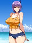  ayane_(doa) breasts cloud covered_nipples day dead_or_alive denim denim_shorts enoshima_iki highres huge_breasts midriff navel ocean puffy_nipples purple_hair shiny shiny_skin shirt short_hair short_shorts shorts sky solo striped striped_shirt water waves 