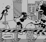  avian bird black_and_white cat cheese conveyor_belt disney erection factory featured_image feline female greyscale laugh low_res male mammal mickey_mouse minnie_mouse monochrome mouse parrot penis pete rodent steamboat_willie unknown_artist 