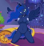  2011 anthro anthrofied blue_eyes blue_hair breasts crown equine female friendship_is_magic hair horn inside kneeling long_hair looking_at_viewer mammal my_little_pony nipples nude pinup pose princess_luna princess_luna_(mlp) pussy seductive short_hair solo whitmaverick winged_unicorn wings 