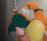  big_penis blue_eyes blush bound charizard claws dragon erection grey_background looking_down maggotscookie male nintendo orange_body penis plain_background pok&#233;mon pokemon solo steam sweat tapering_penis teeth video_games wings yellow_body 