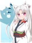  animal_ear_fluff animal_ears ao_(aoblueao) bangs blue_background blush breasts character_name closed_mouth eyebrows_visible_through_hair gradient gradient_background hair_ornament hand_up head_tilt japanese_clothes kimono long_hair long_sleeves looking_at_viewer obi parted_bangs purple_eyes sash silver_hair small_breasts solo touhoku_itako very_long_hair voiceroid white_background white_kimono 