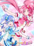  2girls aiguillette aino_hikaru_(0417nao) blue_eyes blue_hair bow brooch cure_prism_(0417nao) cure_royal_(0417nao) frills hair_bow hairband jewelry long_hair magical_girl multiple_girls original pink_bow pink_eyes pink_hair ponytail precure ribbon skirt smile very_long_hair wrist_cuffs 