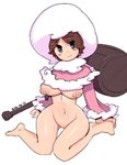  barefoot blue_eyes blush_stickers bottomless breasts brown_hair earrings hood ice_climber ice_climbers jewelry large_breasts mallet nana_(ice_climber) nipples puffy_nipples pussy sho-n-d sitting smile wariza weapon 