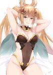  :q animal_ears armpits arms_up breasts brown_hair erune granblue_fantasy heart heart-shaped_pupils highres kuavera looking_at_viewer metera_(granblue_fantasy) mole mole_under_mouth raised_eyebrows simple_background sitting solo symbol-shaped_pupils thighs tongue tongue_out twintails white_background 