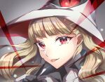  1girl black_gloves blonde_hair closed_mouth earrings eitri_(fire_emblem) finger_to_cheek fire_emblem fire_emblem_heroes gloves hand_up happy hat highres index_finger_raised jewelry looking_at_viewer red_eyes smile solo tongue tongue_out white_headwear witch witch_hat yoshio1107lin 