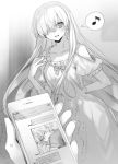 1boy 1girl :d anastasia_(fate/grand_order) blush cellphone collarbone dress fate/grand_order fate_(series) highres kadoc_zemlupus long_dress long_hair monochrome musical_note open_mouth phone pov pov_hands smartphone smile solo_focus speech_bubble spoken_musical_note text_messaging very_long_hair yamoge 