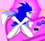  &lt;3 blue_fur blue_hair canine censored dildo female fur hair handcuffs heart_bed horn looking_back lying mammal monster_rancher nezumiyuki on_front pink_eyes plantigrade pussy rule_63 sex_toy shackles solo tiger tiger_(monster_rancher) wolf 