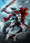  2018 abstract_background absurd_res android blue_eyes cyan_theme front_view hi_res holding_object holding_weapon machine male melee_weapon midair plive red_scarf robot scalie signature smaller_version_at_source solo weapon 