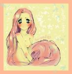  blue_eyes blush breasts female fluttershy fluttershy_(mlp) friendship_is_magic fur hair human humanized jcharlesmachiavelli looking_at_viewer mammal my_little_pony nipples nude pink_hair plain_background solo yellow_fur 