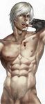  abs black_gloves blood dante_(devil_may_cry) devil_may_cry drawfag fingerless_gloves gloves male_focus muscle nipples nude penis realistic simple_background solo standing white_background white_hair 