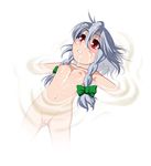  1girl bath breasts bukkake cum empty_eyes grey_hair hair_ribbon hayashi_custom izayoi_sakuya lying nipples nude on_back pussy red_eyes ribbon sakuya_izayoi solo the_embodiment_of_scarlet_devil touhou uncensored wet white_background yukihiro400rr 