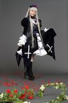  cosplay feathers flower frills highres kneehighs petals photo rose rose_petals roses rozen_maiden ruffles silver_hair suigintou suzukaze_yuuki 