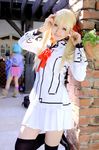  blonde_hair cosplay hair_ribbon hair_ribbons photo ribbon saya saya_(cosplayer) school_uniform serafuku thigh-highs thighhighs tohya_rima twintails vampire_knight 