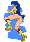  1girl 80s artist_request ass blue_eyes blue_hair boots bottomless breasts censored dirty_pair highres long_hair oldschool open_mouth shiny solo yuri yuri_(dirty_pair) 
