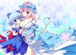  bad_id bad_pixiv_id blue_eyes blue_hair blush bow breasts cirno dress fujisaki_kaon hair_bow hat japanese_clothes large_breasts multiple_girls open_mouth pink_eyes pink_hair ribbon saigyouji_yuyuko short_hair small_breasts smile touhou triangular_headpiece wings wrist_cuffs 