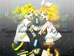  1girl aqua_eyes arm_warmers bad_id bad_pixiv_id blonde_hair brother_and_sister hair_ornament hair_ribbon hairclip headphones holding_hands kagamine_len kagamine_rin microphone microphone_stand open_mouth ribbon short_hair shorts siblings twins umetarou_(uminmin) vintage_microphone vocaloid 