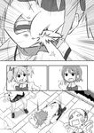  anger_vein cheek_poking comic drill_hair greyscale hair_ornament hair_ribbon hairclip highres hiiragi_shou injury kaname_madoka mahou_shoujo_madoka_magica miki_sayaka monochrome multiple_girls pain poking ribbon school_uniform short_hair short_twintails silent_comic thighhighs tomoe_mami twin_drills twintails 