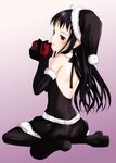  ar_tonelico ar_tonelico_ii black black_gloves black_hair black_santa_costume blush christmas elbow_gloves gift gloves hat holding holding_gift inumori_sayaka jakuri long_hair santa_costume santa_hat sitting solo thighhighs wariza zettai_ryouiki 