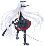  belt boots cross demon_girl din_(flypaper) dress high_heels horns katana long_hair looking_back original pink_eyes scabbard sheath shoes solo sword tattoo very_long_hair weapon white_hair 