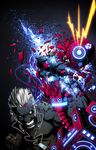  battle digital_media_player earphones godtail highres ipod lights male_focus muscle original punching robot science_fiction sparks white_hair 