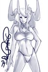  bare_shoulders blue breasts cleavage detached_collar eu03 greyscale highleg highleg_panties horns large_breasts long_hair monochrome navel original panties strapless tubetop underwear 