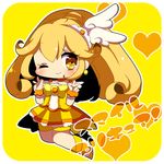  :&gt; blonde_hair blush boots choker copyright_name cure_peace dress head_wings heart kise_yayoi long_hair lowres magical_girl nasa_yu one_eye_closed precure smile smile_precure! solo v yellow yellow_background yellow_dress yellow_eyes 