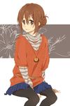  alternate_hairstyle brown_eyes brown_hair hair_bun hirasawa_yui k-on! karuha pantyhose sitting solo striped striped_sweater sweater tongue 