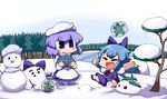  apron bad_id bad_pixiv_id blue_eyes blue_hair blush_stickers bow chibi cirno closed_eyes forest frog frozen frozen_frog hair_bow hat ice_block lake letty_whiterock multiple_girls nature nura_(oaaaaaa) outstretched_arms scarf short_hair sitting snow_bunny snowman touhou tree white_scarf wings 