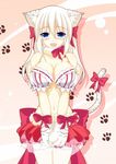  animal_ears bare_shoulders blue_eyes blush bow breasts cat_ears cat_tail cleavage fang fantasy_earth_zero large_breasts midriff miyano_yuki navel open_mouth paw_print ribbon solo tail tail_ribbon v_arms 