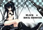  arms_up bikini_top black_hair black_rock_shooter black_rock_shooter_(character) blue_eyes boots bound chain checkered checkered_background checkered_floor collarbone flat_chest long_hair looking_at_viewer mx2j_(nsh6394) navel open_mouth scar short_shorts shorts sitting solo tied_up twintails 