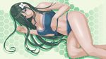  atoko blue_eyes border_break breasts camisole cleavage curvy damegane flower green_hair hair_between_eyes highres hips large_breasts long_hair lying navel panties personification solo thighs underwear weapon 