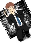  amuro_ray ar_(rikuesuto) brown_eyes brown_hair formal gun gundam handgun male_focus necktie solo suit weapon 