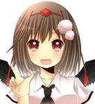  bad_id bad_pixiv_id black_wings blush brown_hair hat heart heart-shaped_pupils looking_at_viewer open_mouth pointing red_eyes shameimaru_aya smile solo symbol-shaped_pupils tokin_hat touhou upper_body wings yamasuta 