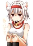  alternate_costume animal_ears bad_id bad_pixiv_id bell bell_collar black_legwear collar fang gym_uniform headband heart heart-shaped_pupils inubashiri_momiji red_eyes sleeves_rolled_up solo symbol-shaped_pupils touhou white_hair wolf_ears yamasuta 