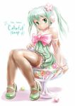  bare_shoulders colorful_drop_(module) colorful_x_melody_(vocaloid) dress full_body green_eyes green_hair hatsune_miku high_heels highres long_hair mary_janes moriichi project_diva_(series) project_diva_2nd shoes simple_background sitting solo thighhighs twintails vocaloid white_background 