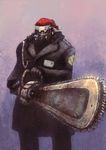  chainsaw gloves glowing glowing_eyes hat original respirator santa_hat solo 