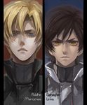  banagher_links blonde_hair blue_eyes brown_eyes brown_hair character_name gundam gundam_unicorn hui_ming multiple_boys pilot_suit riddhe_marcenas short_hair side-by-side 