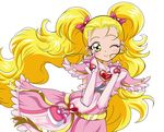  blonde_hair bow dress eyelashes frills futari_wa_precure futari_wa_precure_max_heart gloves hair_ribbon kujou_hikari long_hair magical_girl one_eye_closed pink_dress precure ribbon shiny_luminous sinko_(sinsin) smile solo twintails white_background yellow_eyes 