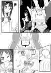  akemi_homura cheek_poking comic drill_hair food greyscale grin hair_ornament hairband highres hiiragi_shou long_hair mahou_shoujo_madoka_magica monochrome multiple_girls one_eye_closed pantyhose poking sakura_kyouko school_uniform silent_comic smile squiggle tears tomoe_mami twin_drills twintails umaibou 